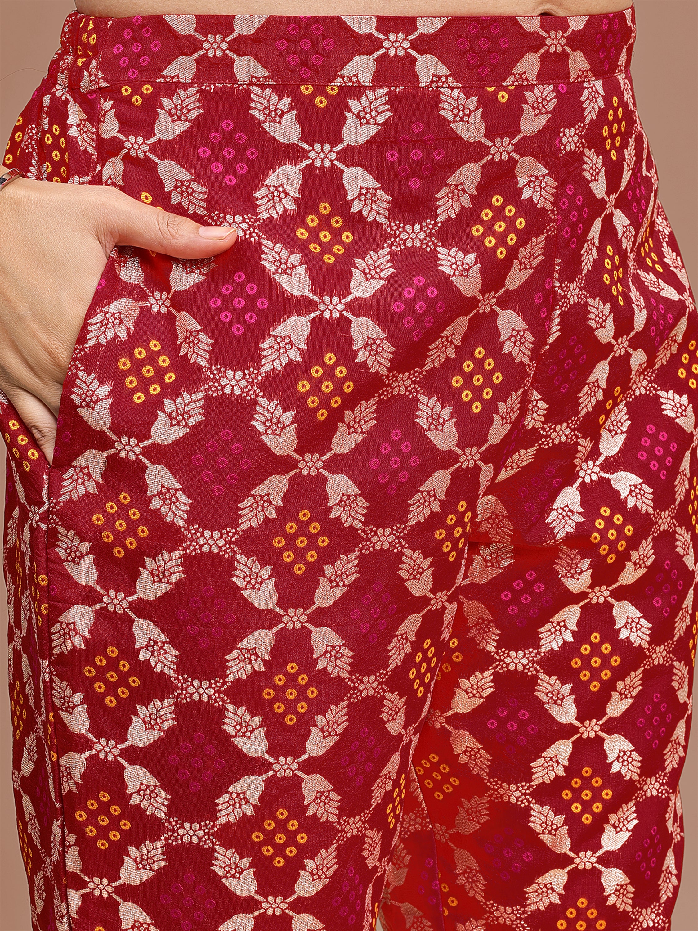 Red Colored Off Shoulder Chanderi Top With Brocade Pant Co-ord Set